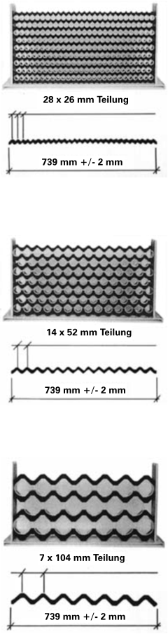 28 x 26 mm Teilung 739 mm +/- 2 mm 14 x 52 mm Teilung 739 mm +/- 2 mm 7 x 104 mm Teilung 739 mm +/- 2 mm